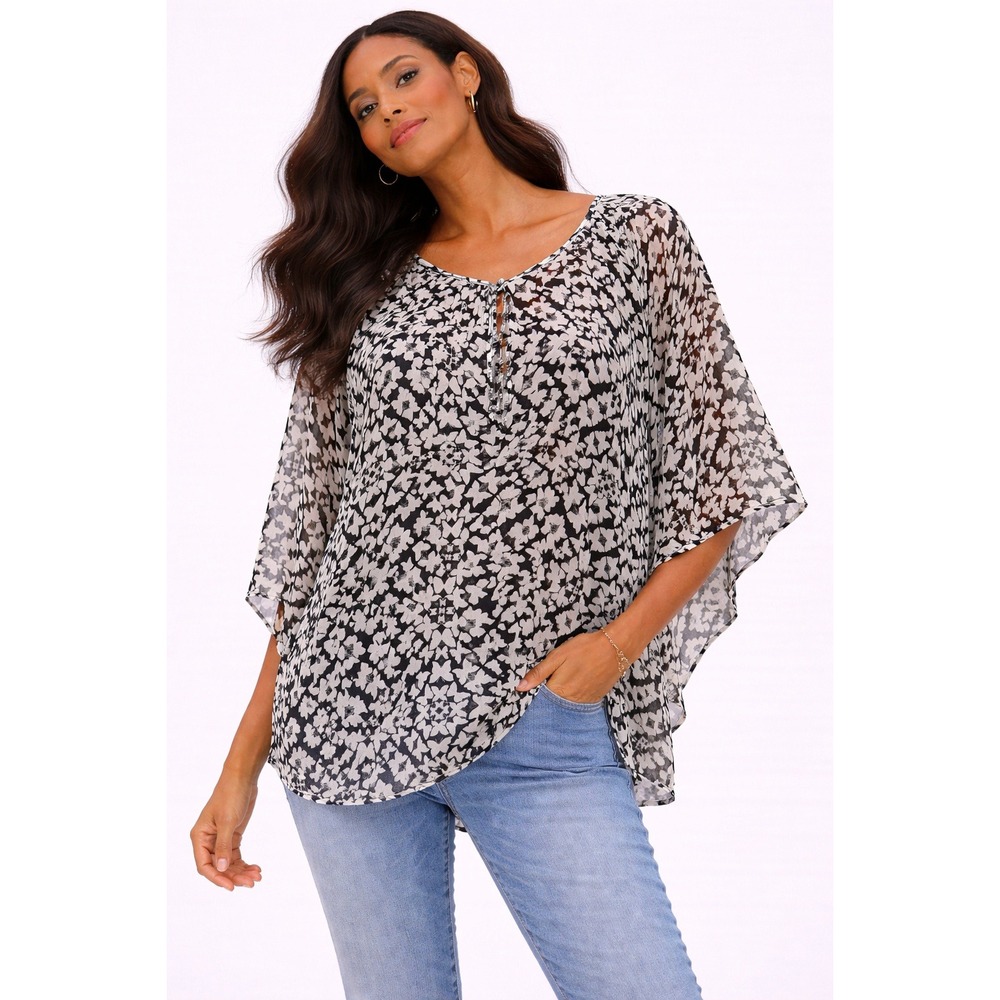 Willi Smith Womens Medium Black White Butterfly Print Chiffon‎ Poncho Blouse Tie